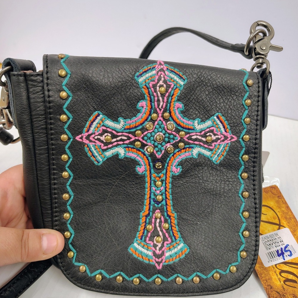 Delila Black Leather Embroidered Cross Studded Crossbody‎ Bag Westercore NWT